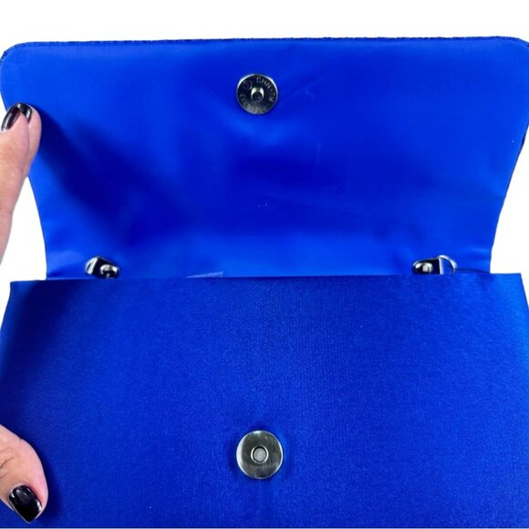 Royal Blue Ruched Satin Detail Flap Square Shiny Clutch Women's Bag Elegant - Picture 4 of 11